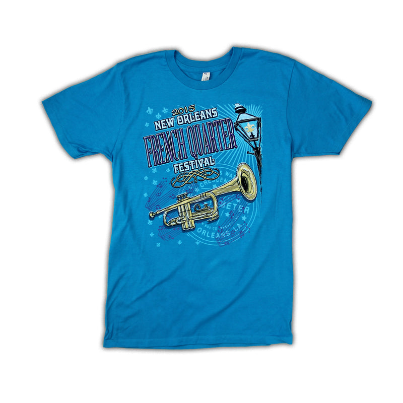 2015 French Quarter Festival Lineup T-Shirt Turquoise Blue - Front