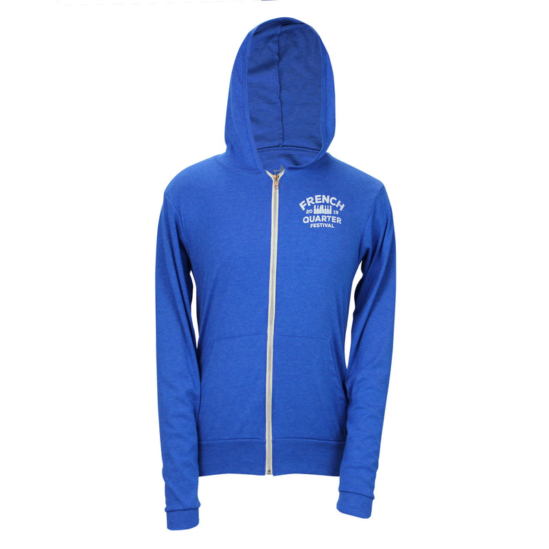 French Quarter Festival Outerwear Adult Men's Heather Blue Zydeco Full Zip Hoodie - Front