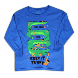 French Quarter Festival Youth Keep It Funky Long Sleeve Blue T-shirt Tee - Front
