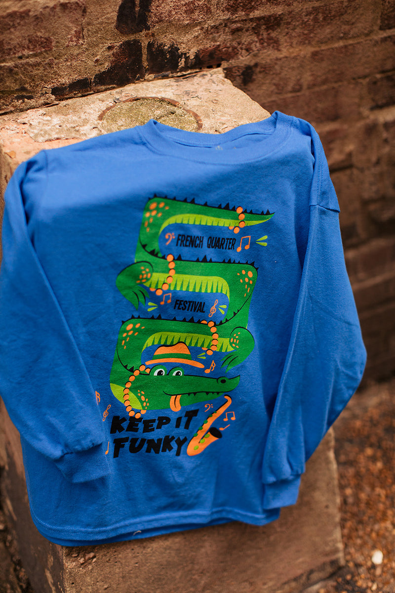 French Quarter Festival Youth Keep It Funky Long Sleeve Blue T-shirt Tee - Lifestyle